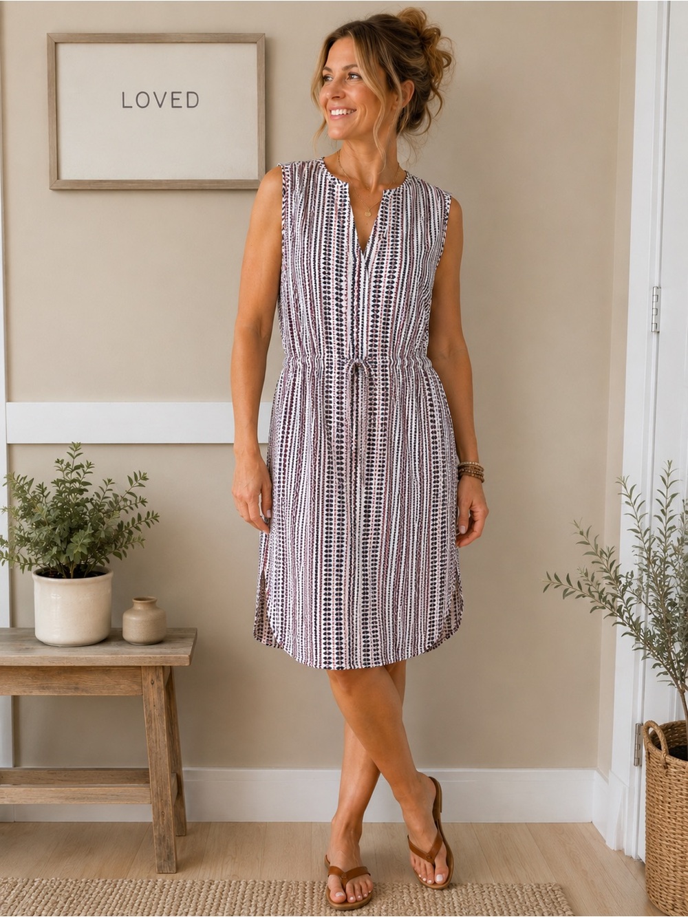 GAP XL Sleeveless Drawstring Tunic Dress Geometric Print Side Slits Boho